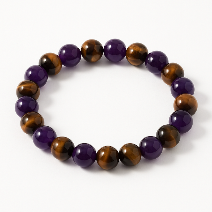 Bracelet "Libération" en Améthyste, Œil de Tigre & Cristal de Thé