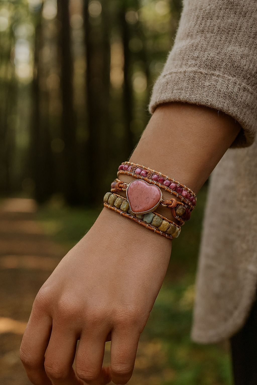 Bracelet Wrap "Compassion et Amour" en Rhodonite et Quartz Rose