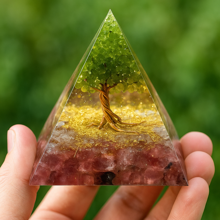 Arbre de Vitalité – Pyramide Orgonite en Péridot & Grenat