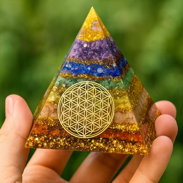 Harmonie Universelle – Pyramide Orgonite des 7 Chakras & Fleur de Vie