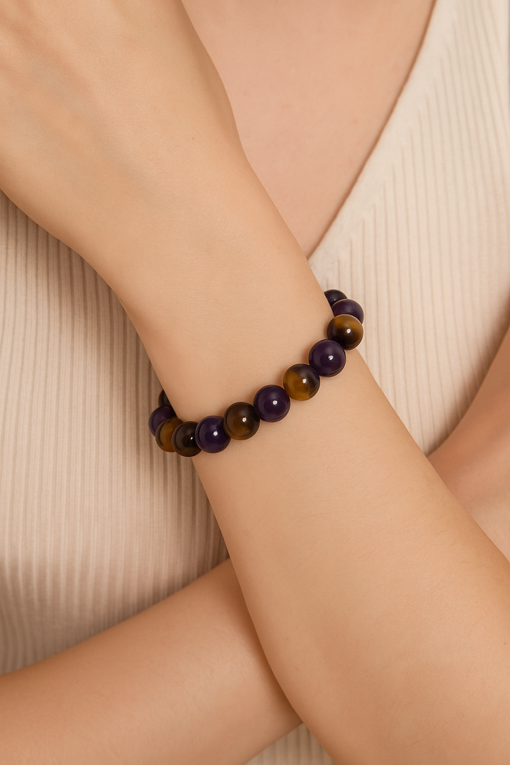 Bracelet "Libération" en Améthyste, Œil de Tigre & Cristal de Thé