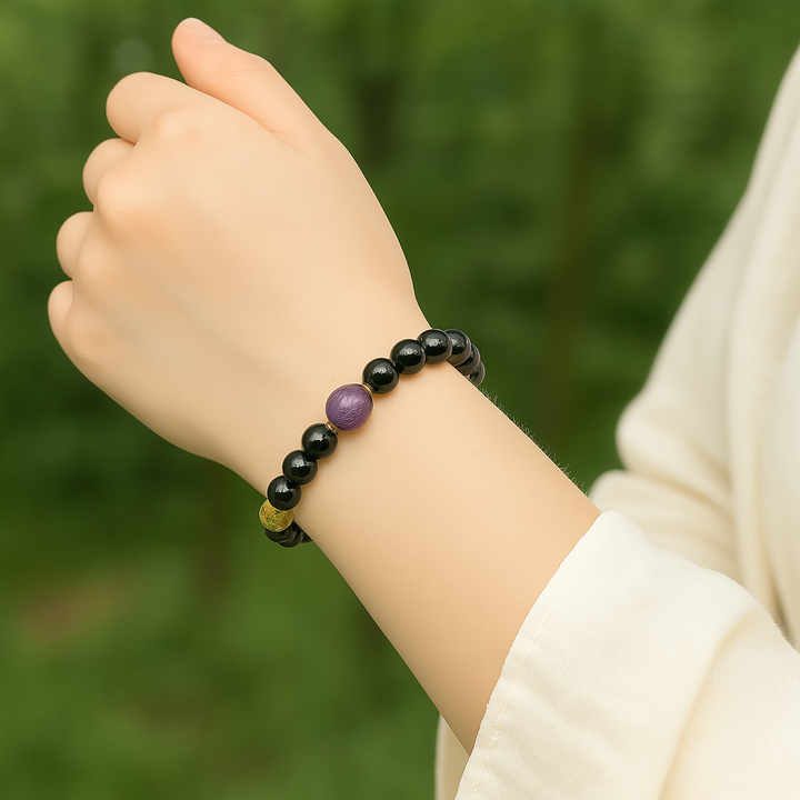 Bracelet "Bouclier Céleste" - Tourmaline, Améthyste, Citrine et Lépidolite