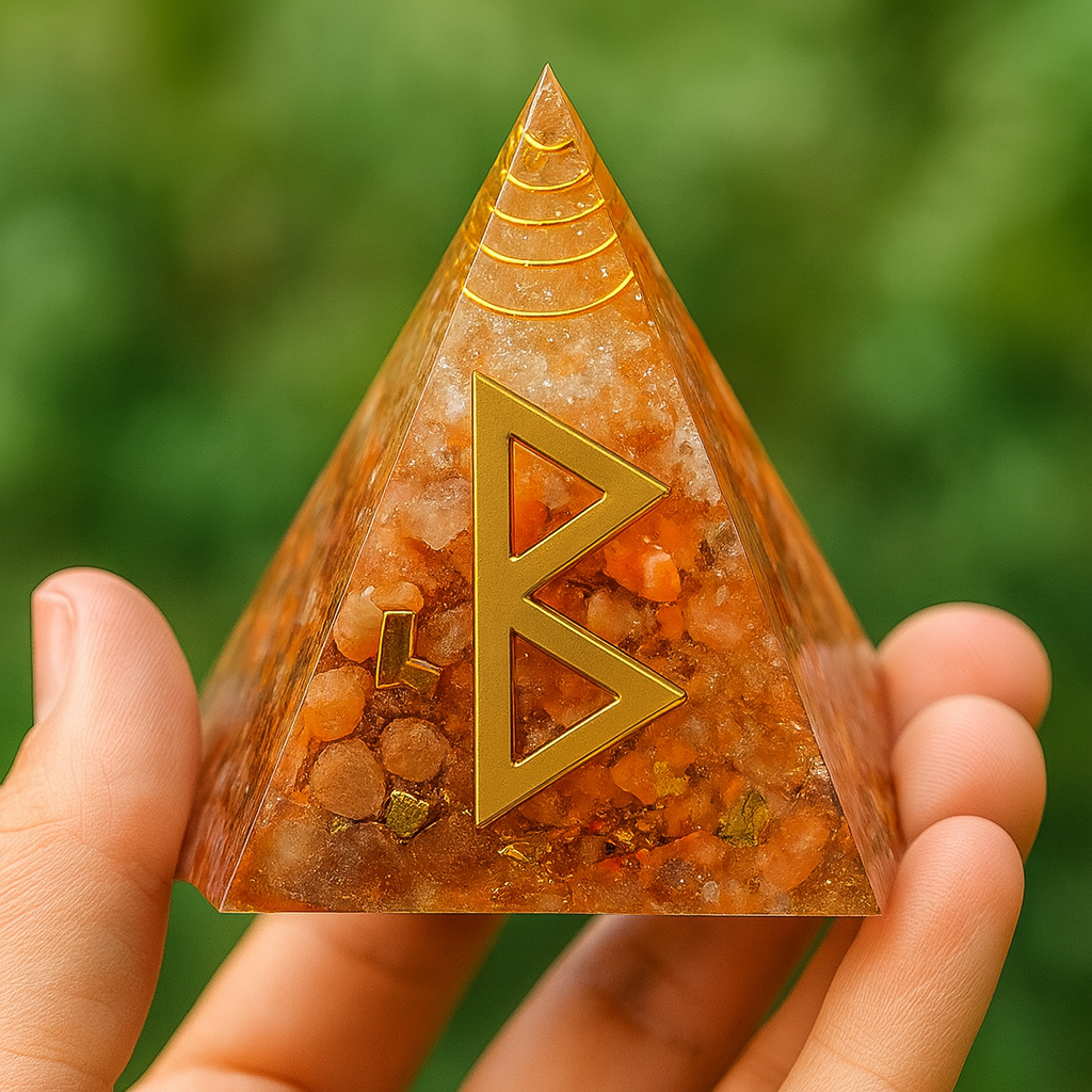 Rayonnement Intérieur – Pyramide Orgonite en Cornaline & Symbole Runique