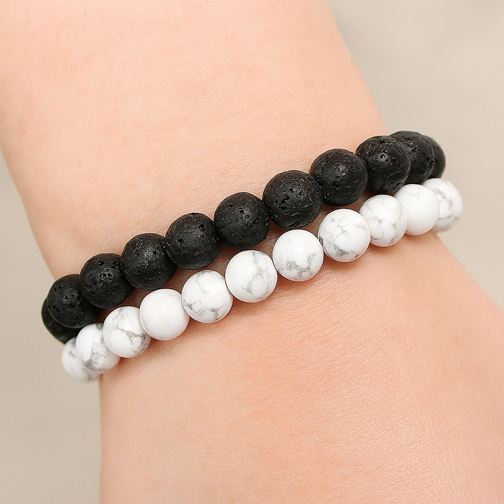 Bracelet DUO "Force et Sérénité" en Pierre de Lave et Howlite Blanche