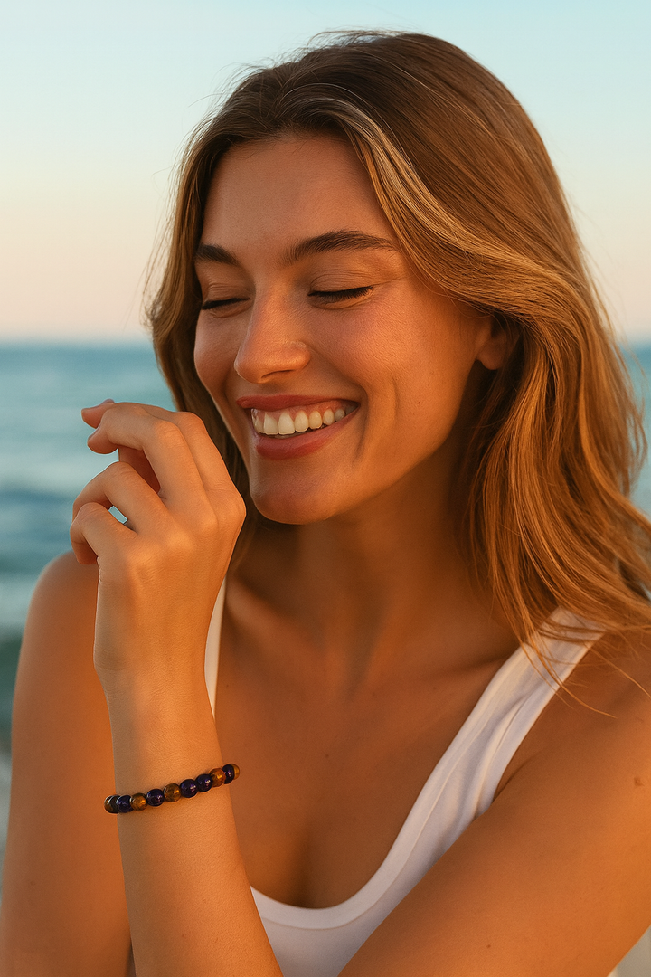 Bracelet "Libération" en Améthyste, Œil de Tigre & Cristal de Thé