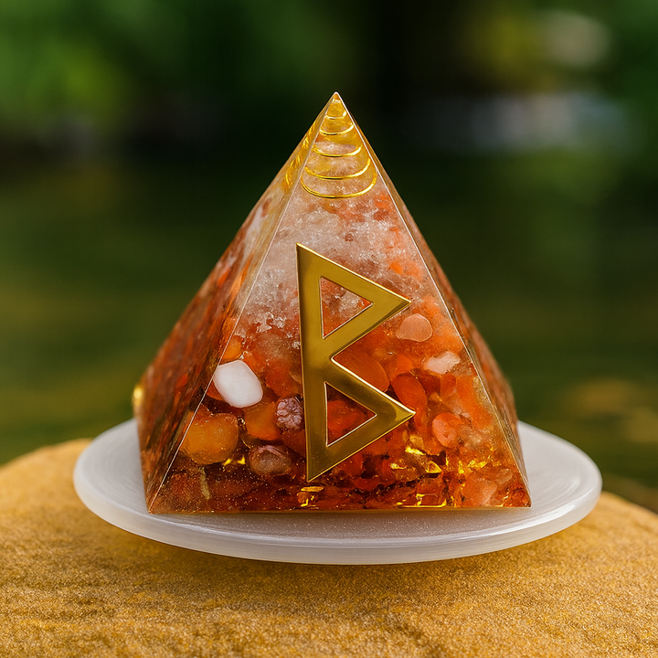 Rayonnement Intérieur – Pyramide Orgonite en Cornaline & Symbole Runique