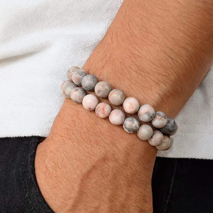 Bracelet DUO "Harmonie & Vitalité" en Agate Zébrée Rose et Jaspe Rouge