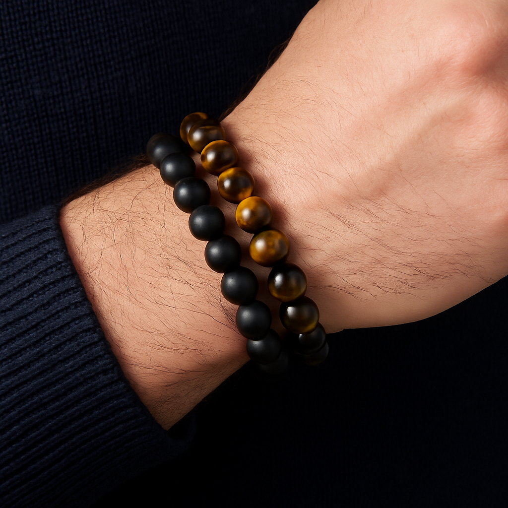 Bracelet DUO "Force et Protection" en Œil de Tigre et Onyx Noir