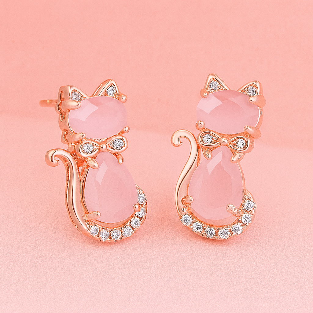 Boucles d’Oreilles "Chat d’Amour" – Cristal Rose & Élégance Féline