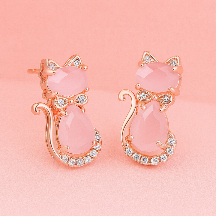 Boucles d’Oreilles "Chat d’Amour" – Cristal Rose & Élégance Féline