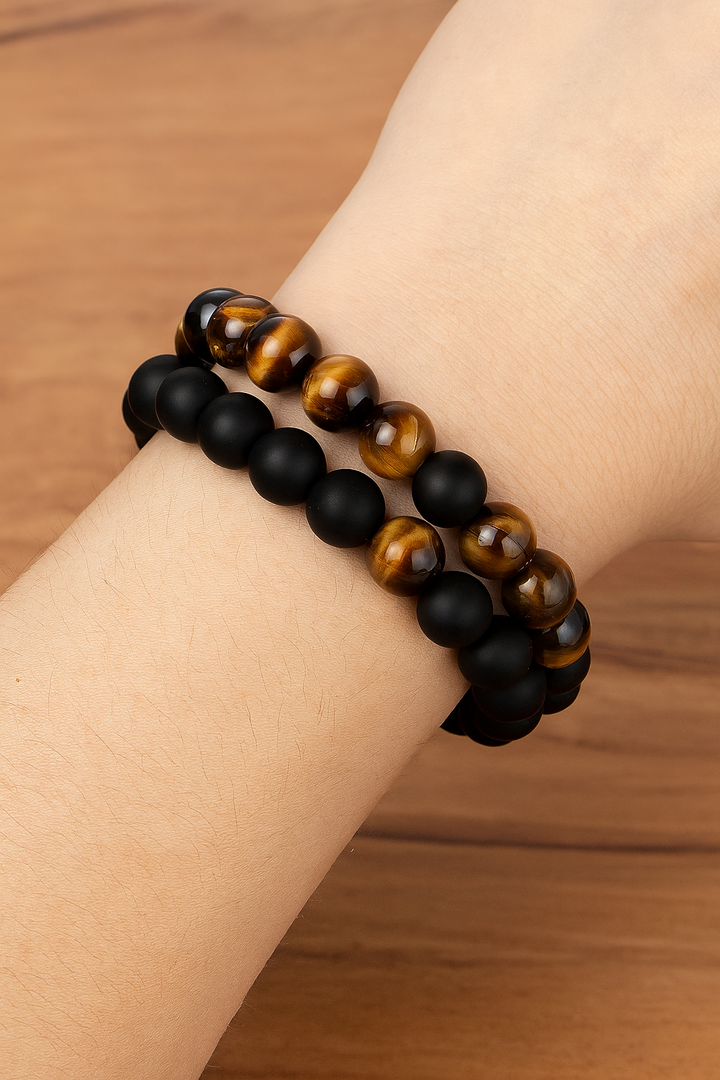 Bracelet DUO "Force et Protection" en Œil de Tigre et Onyx Noir