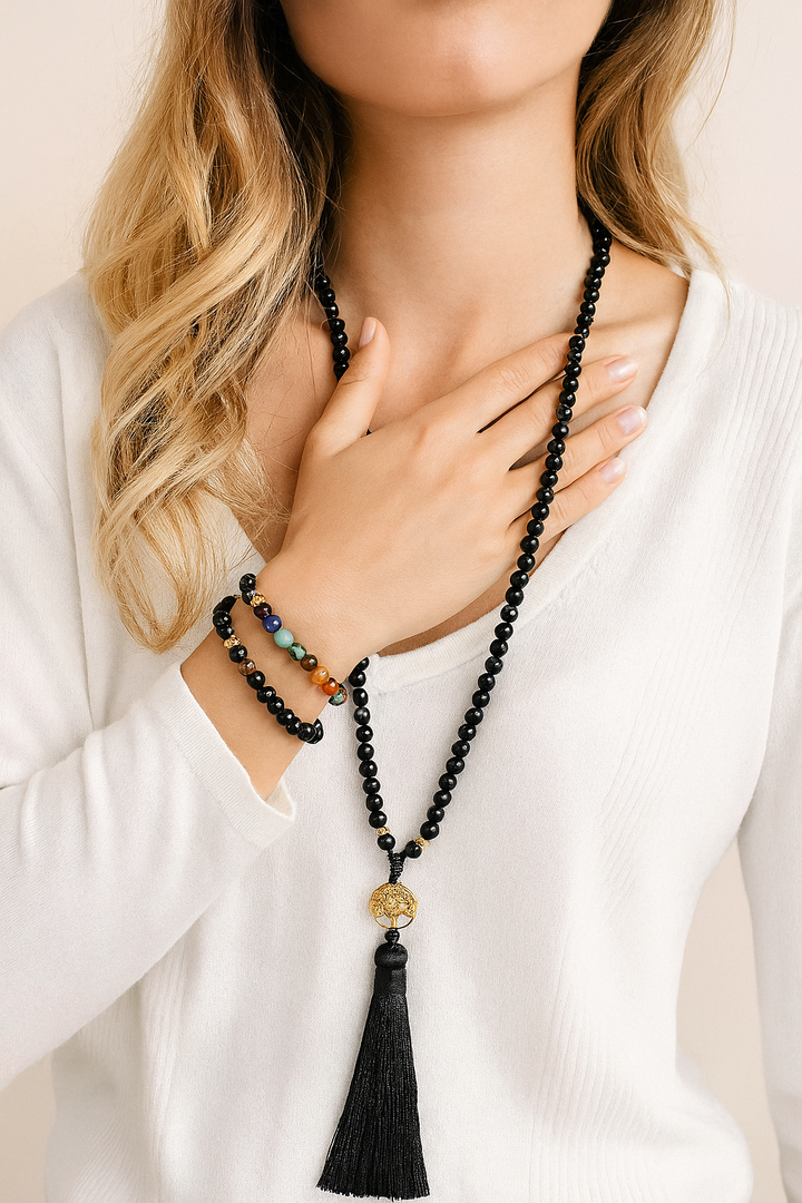 Coffret Mala et Bracelet "7 Chakras & Onyx noir"
