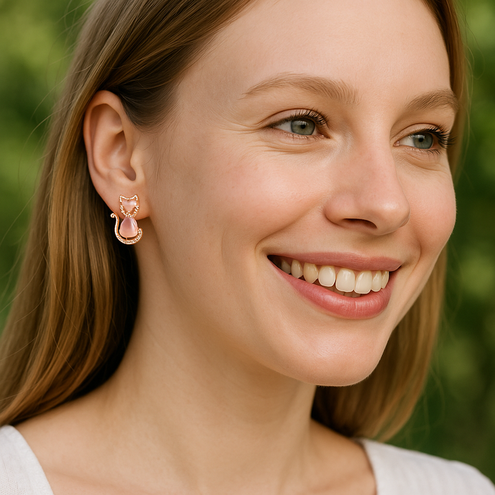 Boucles d’Oreilles "Chat d’Amour" – Cristal Rose & Élégance Féline