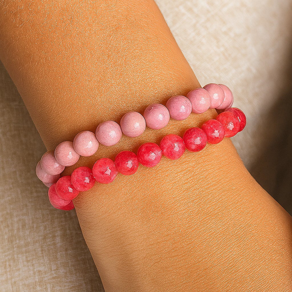 Bracelet DUO "Amour et Compassion" en rhodochrosite et Angelite rouge